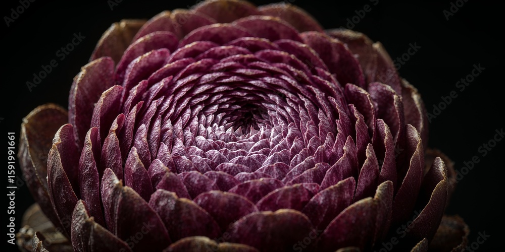 Obraz premium Intricate Macro of a Dark Red Botanical Spiral with Textured Petals on Black
