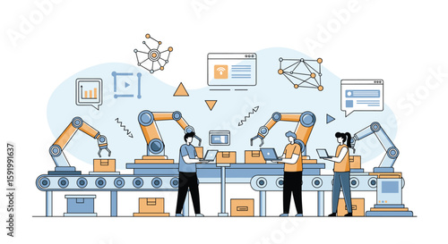 Automated manufacturing production line with robotic arms and workers overseeing operations