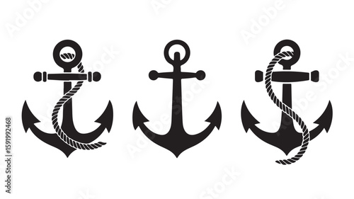 Three Black Anchor Illustrations with and without Ropes in a Row on White Background