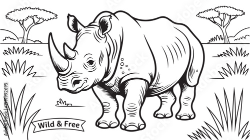 Majestic Rhino in Black and White Wildlife Drawing with Natural African Habitat