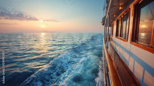 Sunset cruise on a luxurious yacht gliding through open waters, with golden light reflecting on the ocean and warm tones illuminating the deck
