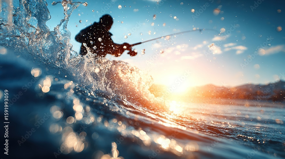 Naklejka premium Silhouette of man fishing in dramatic ocean waves at sunrise, with splashing water in foreground and golden light reflecting on the sea surface