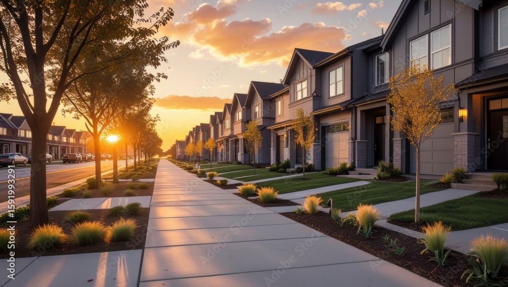 Obraz premium Row of modern townhouses lines a sidewalk at sunset creating idyllic suburban neighborhood scenery with vibrant sky and lush greenery.