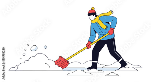 Person wearing warm clothes shoveling snow off a path to clear it of winter weather hazards
