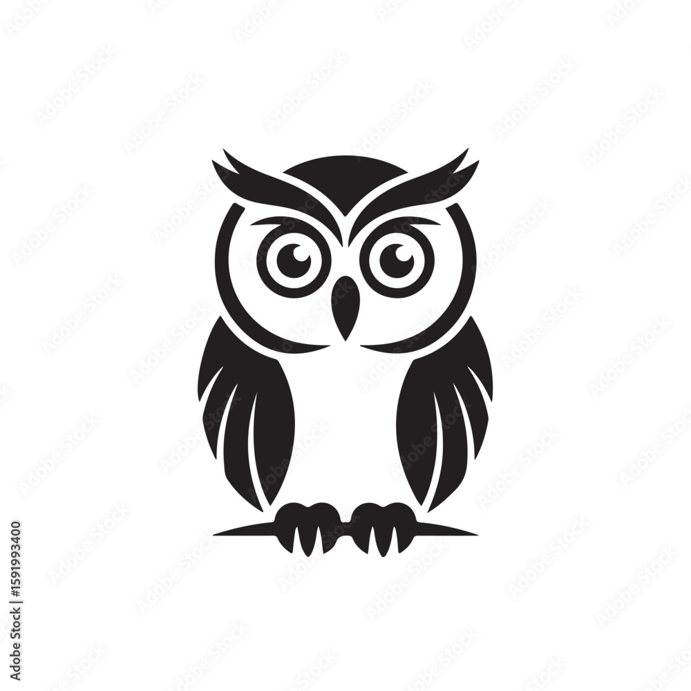Fototapeta premium Simple Black and White Silhouette Illustration of an Owl Perched on a Branch