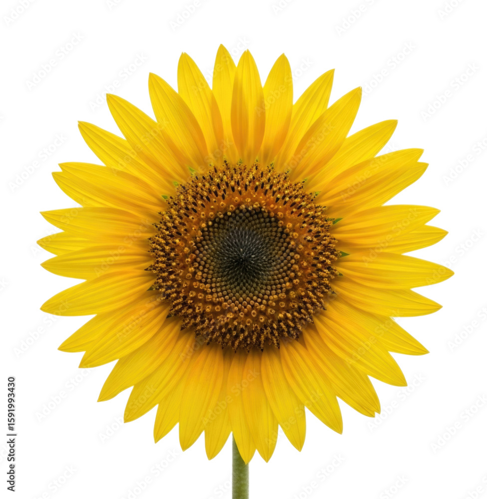 Fototapeta premium Bright sunflower with yellow petals and dark center isolated on transparent bg, cutout png