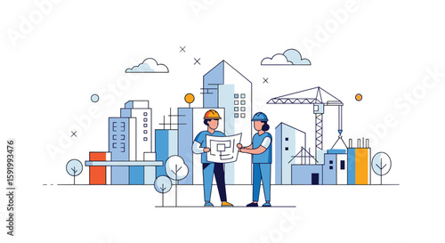 Construction project planning and collaboration between two engineers on a city development site