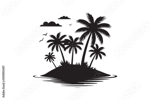 Island Paradise Silhouette Tropical Scene with Palm Trees and Birds