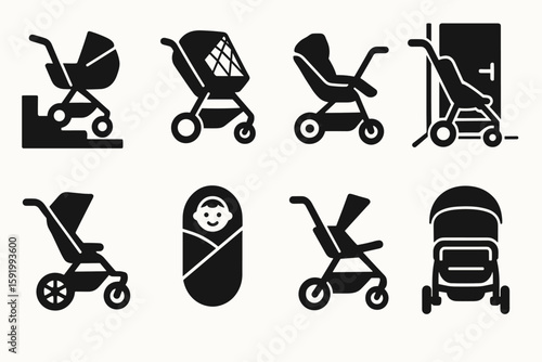 Baby strollers silhouette icon set. infant, pram, buggy, carriage, cot icons collection