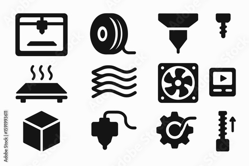 3d printing silhouette icon set. printer, filament, nozzle tools collection