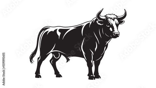 Illustration of a Powerful Black Bull with Sharp Horns Isolated on White Background