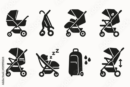 Stroller, pram silhouette icon set. baby carriage, travel silhouette collection