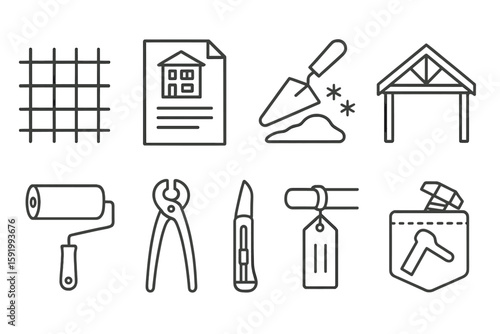 Construction tools icon set. building, renovation icons linear style collection