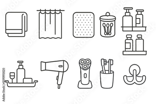 Bathroom essentials outline icon set. towels, shower supplies line style collection