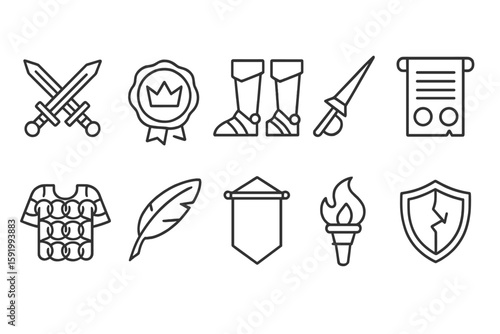 Medieval, history outline icon set. knights, shields, scrolls line style collection