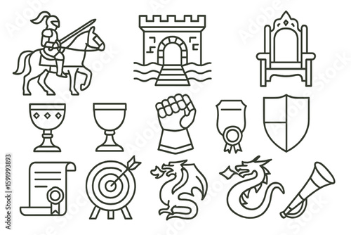 Medieval, fantasy outline icon set. castles, knights, thrones line collection