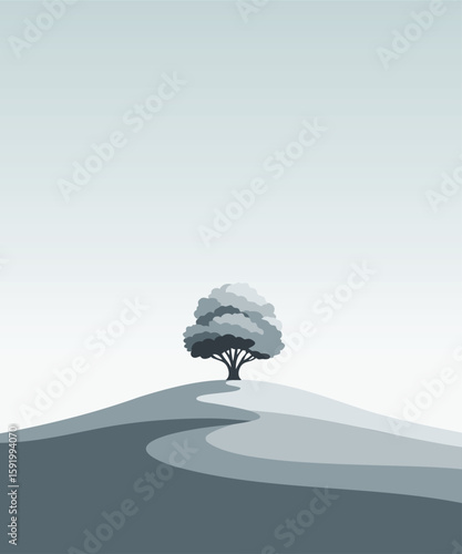 Lonely Tree on Hill - Vector Illustration