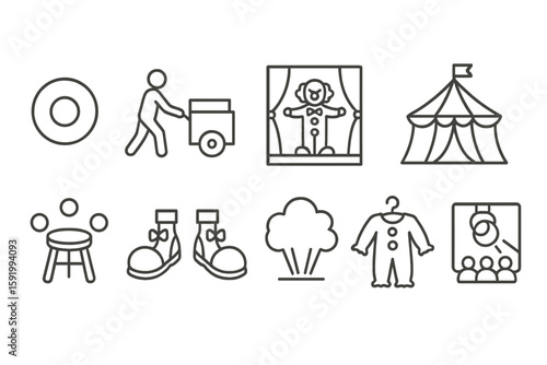 Circus line icon set. clown, tent, performance, festival, fun, amusement, outline icons