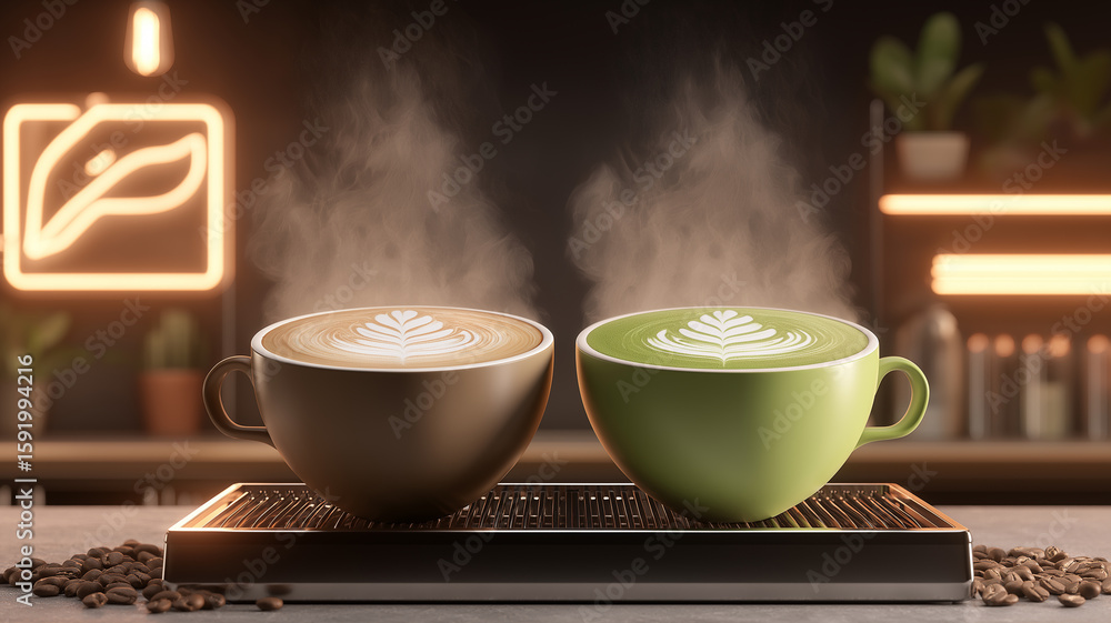 Obraz premium Matcha and Coffee Latte Art Cups in Trendy Neon Café