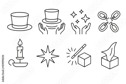 Magic and illusion line icon set. wizardry, trickery visuals in linear style