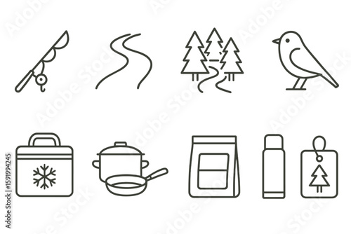 Outdoor activities linear icon set. camping, fishing, hiking, birdwatching icons pack