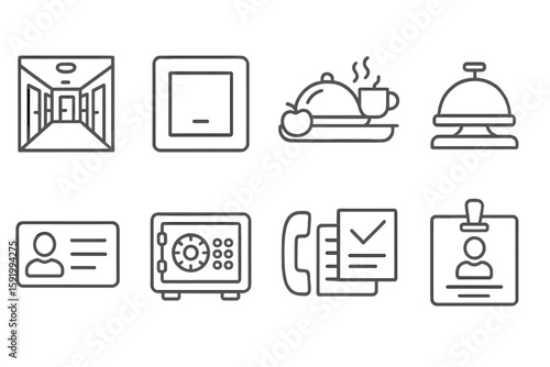 Hotel amenities and services line icon set. hospitality and booking essentials