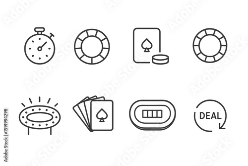 Casino and gambling outline icon set. poker, chips, cards, roulette, deal icons