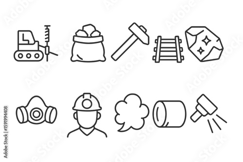 Mining line icon set. tools, equipment, safety, and minerals outline collection