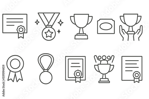 Award and achievement icon set. recognition, trophy, medal icons in line style