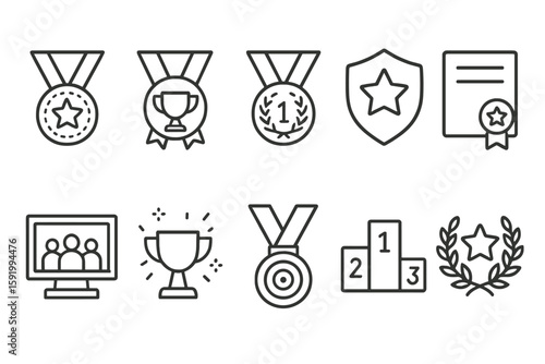 Awards, achievements linear icon set. medals, certificates and trophies outline icons