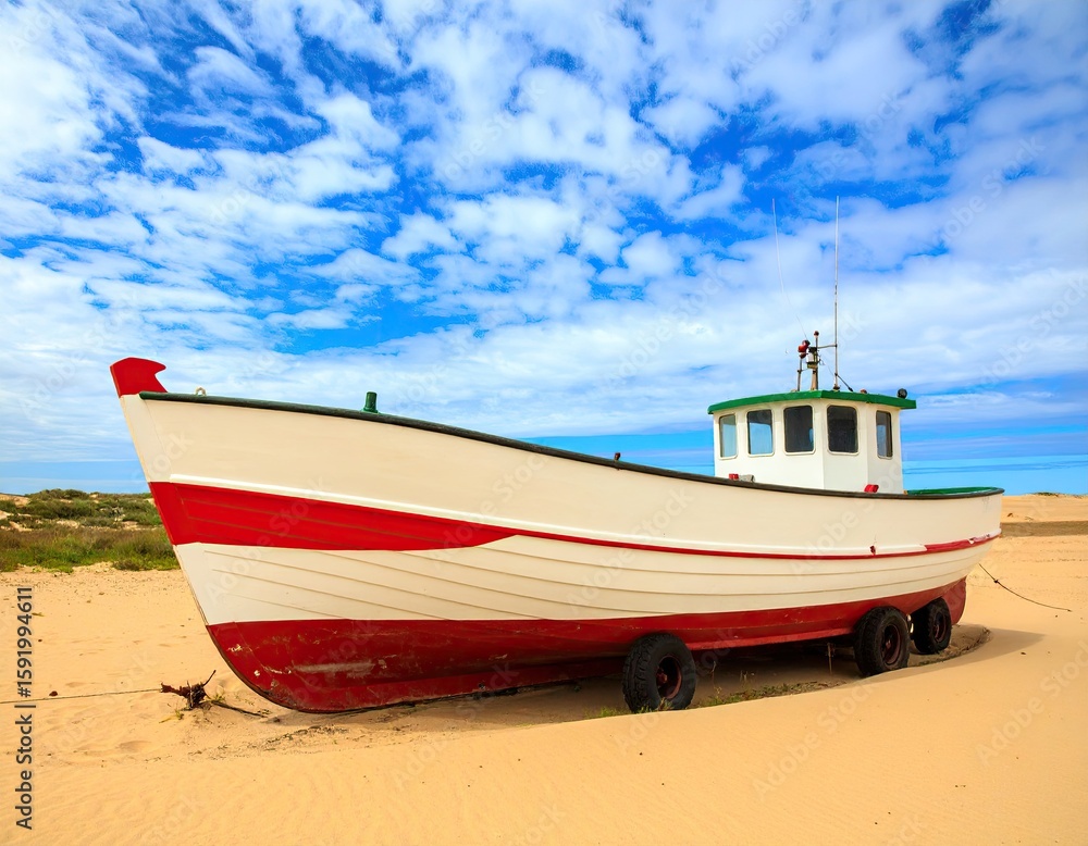 Naklejka premium Fishing boat on a sandy beach under a partly cloudy sky