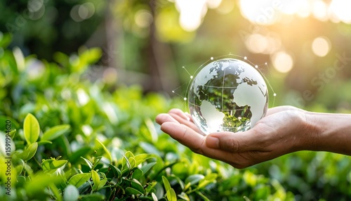 A transparent glass globe of Earth held in a hand, surrounded by lush green foliage