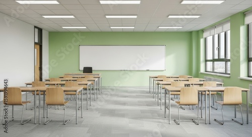 Classroom interior showcases rows of student desks and chairs facing a whiteboard, creating a learning environment perfect for education, training, and academic pursuits.