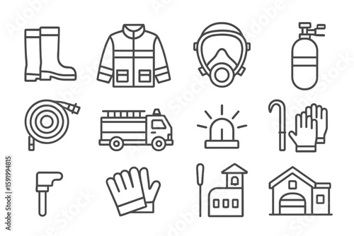 Fire safety equipment line icon set. protective, emergency, firefighting gear depictions