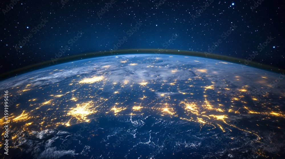 Obraz premium Earth at Night with City Lights and Stars View From Space