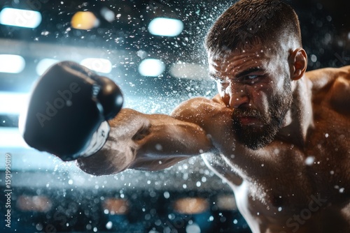 Boxer delivering a powerful uppercut in boxing gym action-packed sports scene intense environment close-up viewpoint motion concept