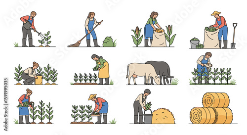 Farmers working in gardens cultivating plants harvesting crops raising animals and gathering hay bales