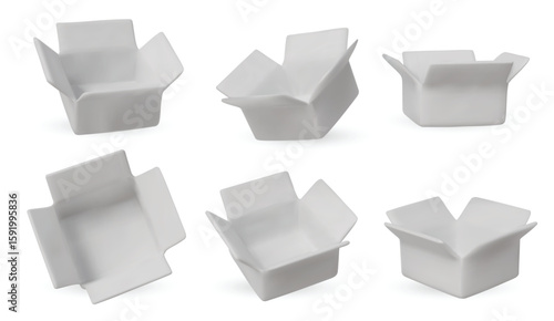 Collection of isometric open boxes on white background. Ideal for delivery, shipping, packaging, and online store visuals.
