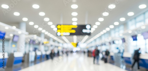 Wallpaper Mural Spacious modern airport terminal with a blurred view of check-in counters, digital screens, and signage, capturing the dynamic and bright travel environment. Torontodigital.ca