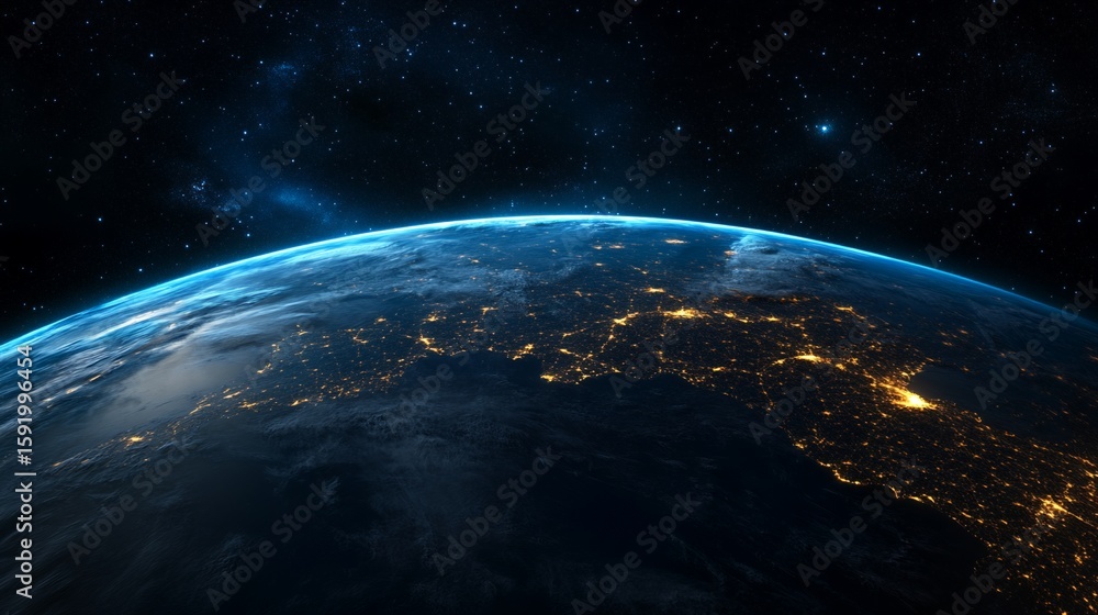 Fototapeta premium Earth From Space Showing City Lights and Atmosphere During Nighttime