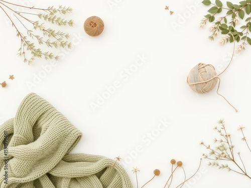 Knitted scarf and neutral yarn balls arranged with botanical elements on a clean white surface for a calming creative atmosphere