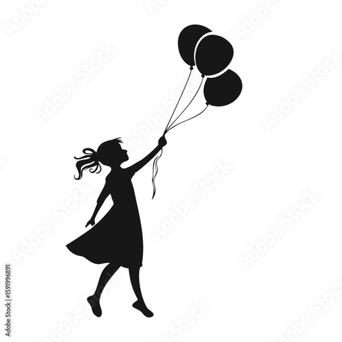 silhouette of a girl holding balloons floating away vector art illustration