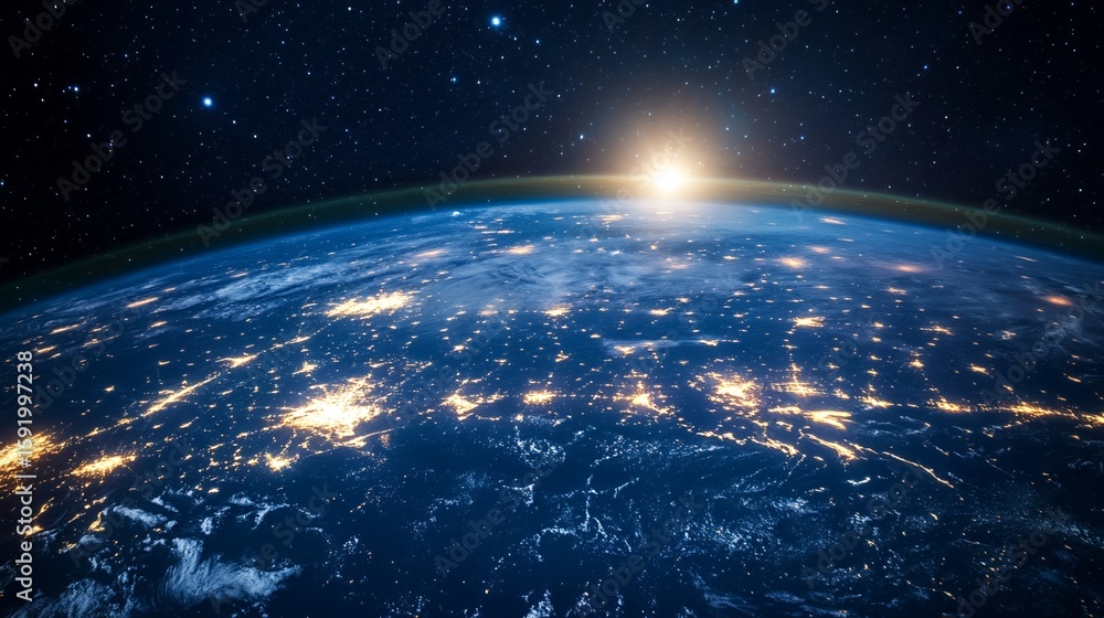Obraz premium Earth at Night with City Lights and Sunrise View From Space