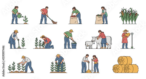 Gardening activities and farm work illustrations showing people tending plants and animals