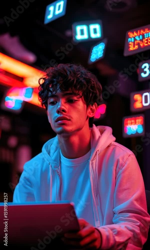Creative young man working intently in a vibrant neon-lit digital environment