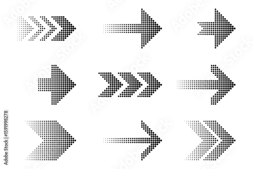 Dotted arrows collection. Halftone pointer icons. Directional vector symbols. Gradient arrow shapes.