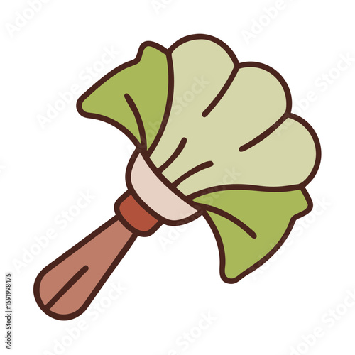 Green duster featuring leafy design and wooden handle  