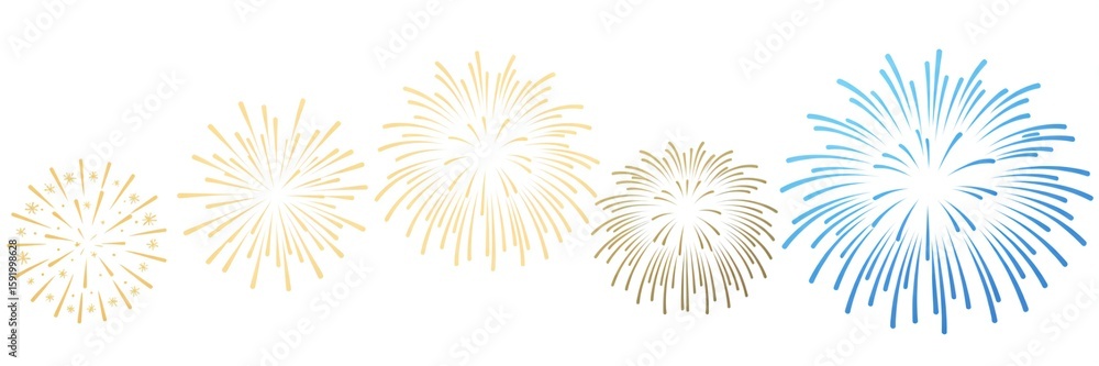 Fototapeta premium Vibrant Golden and Blue Fireworks Illustration Set on White, Ideal for Festive Celebrations, Holiday Events, and Joyous Occasions.