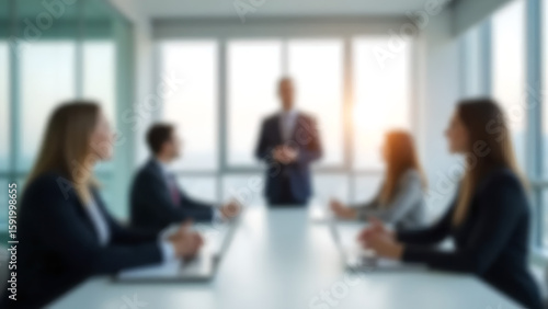 Blurred view of business meeting in modern glass office. Professionals in formal attire sit around a table.