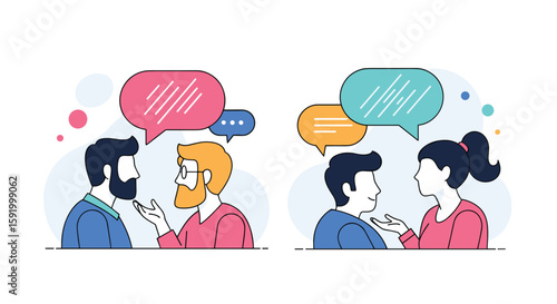 Two pairs of people talking through speech bubbles discussing ideas in flat design style